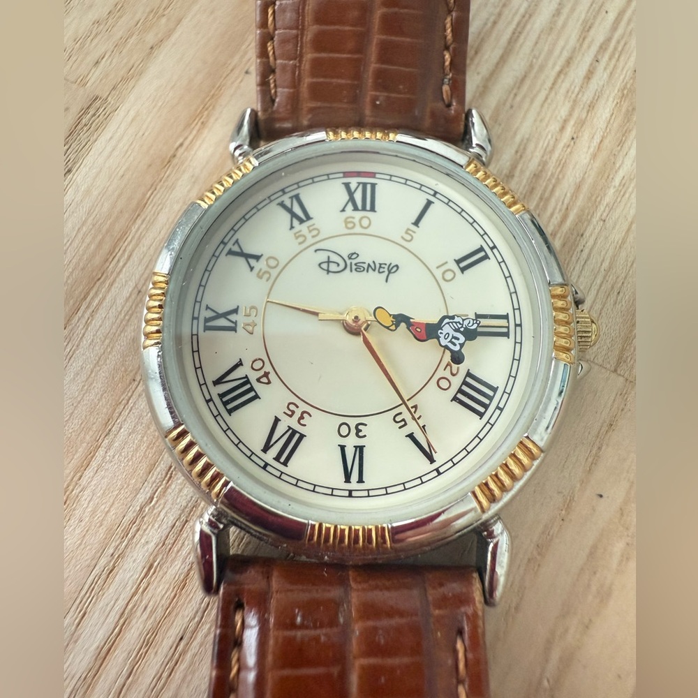 Disney Men's Two-Tone Mickey Mouse Dial Watch with Brown Leather Strap